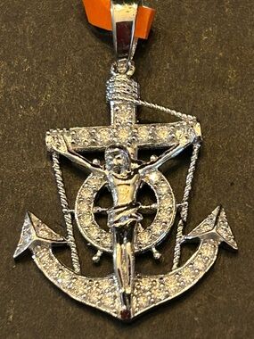 Men’s 1.50CTW Moissanite 💎 Anchor ⚓️ and Crucifix Pendant Necklace 925 SSilver